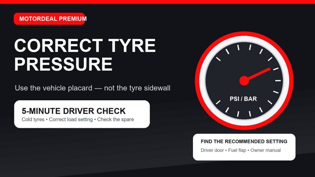 Tyre-pressure gauge with a reminder to use the vehicle placard rather than the tyre sidewall maximum