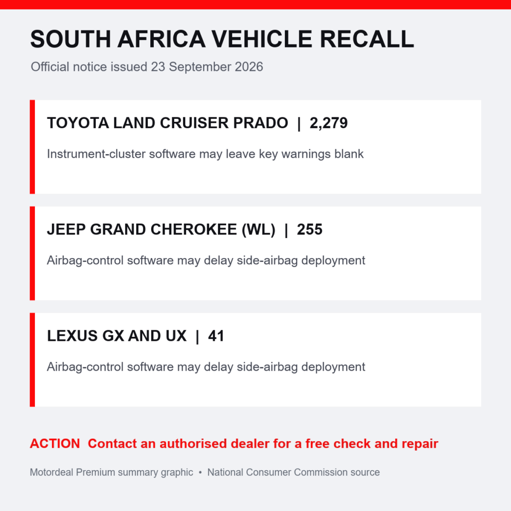Summary of recalled Toyota Prado, Jeep Grand Cherokee, Lexus GX and Lexus UX vehicles and their safety risks