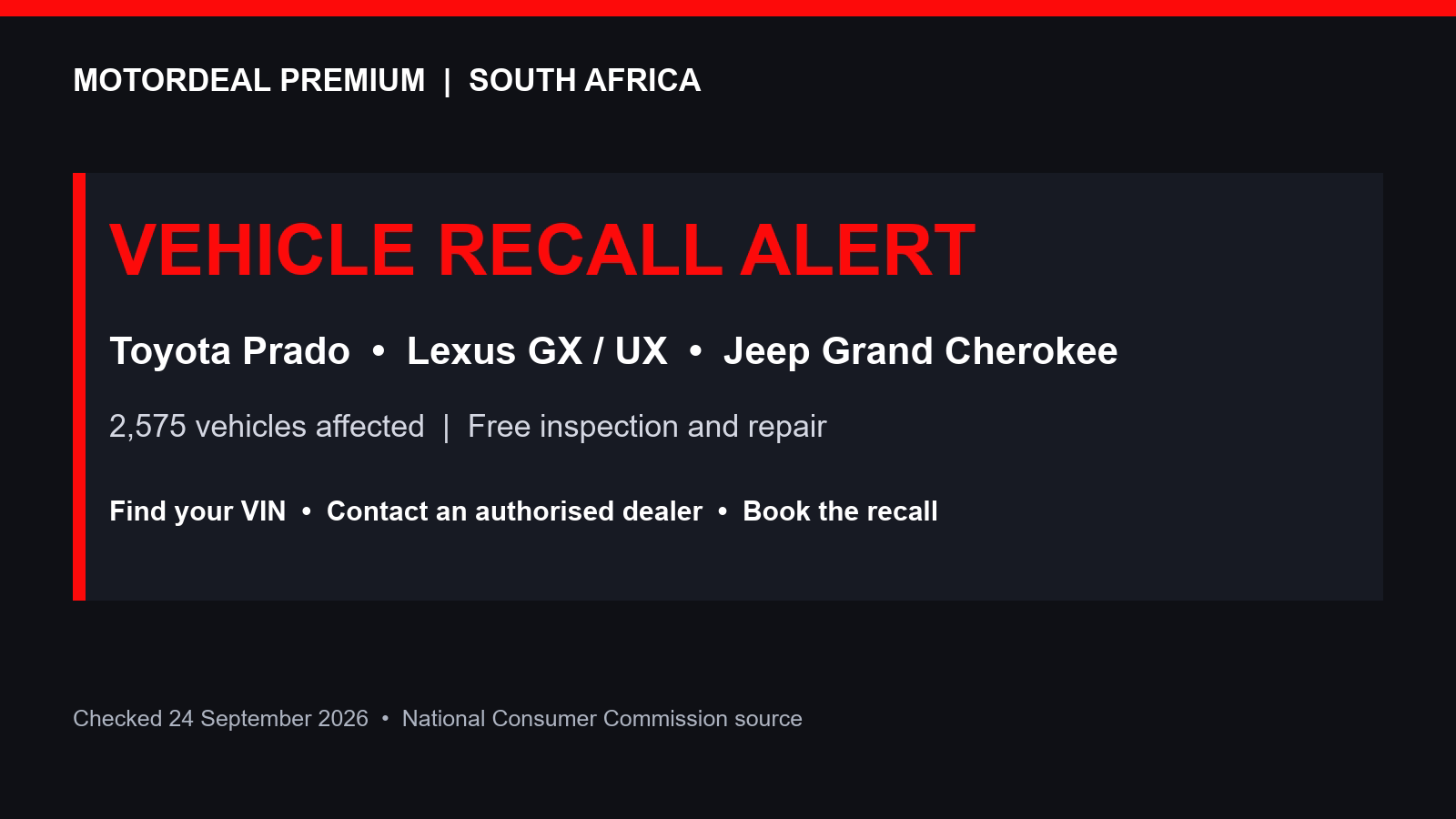 New South Africa Vehicle Recall: Prado, Lexus and Jeep Owners Must Act