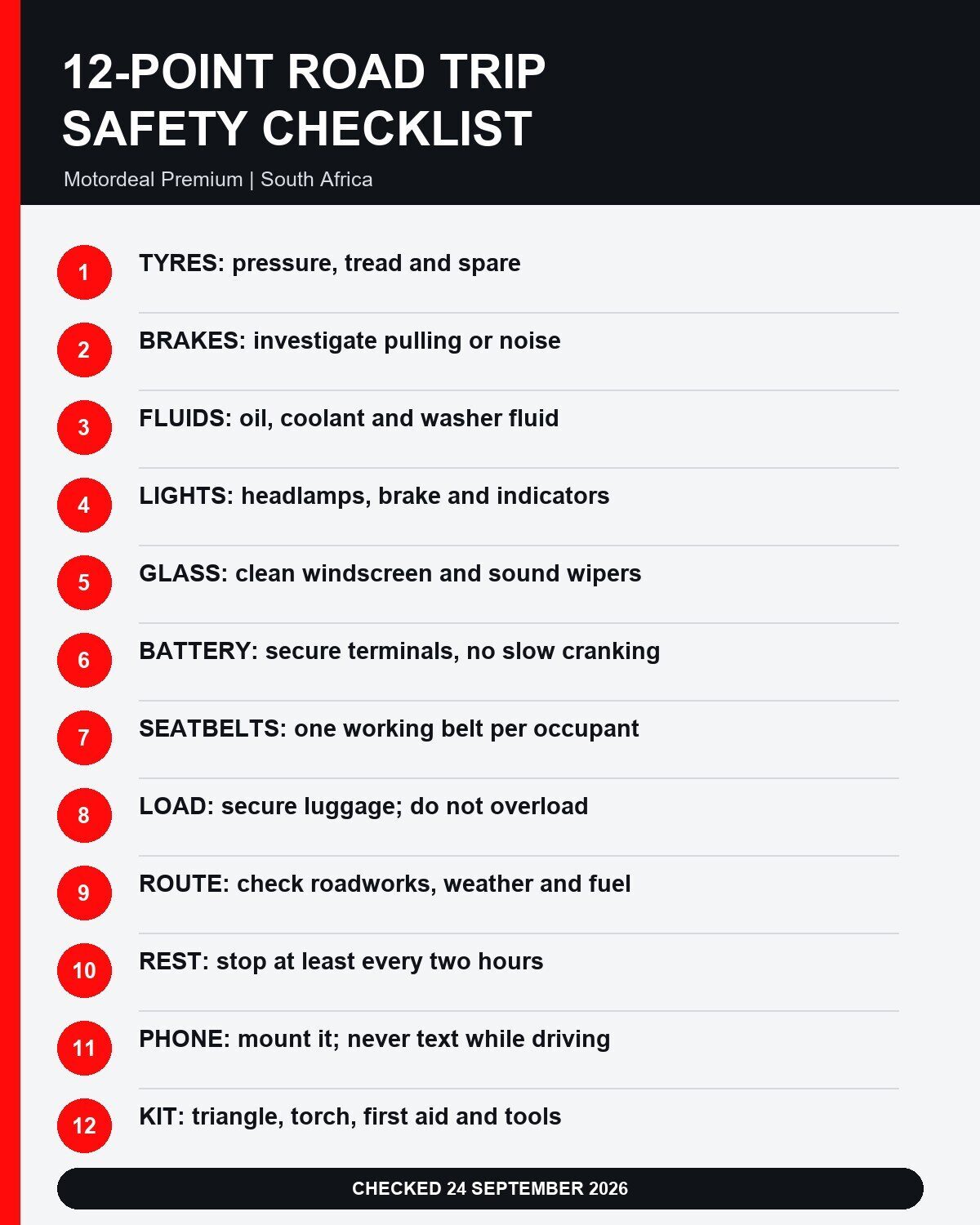 Twelve-point South African road trip safety checklist covering tyres, brakes, fluids, lights, rest breaks and emergency equipment