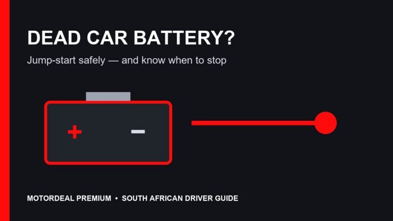 Flat car battery and jumper cable illustration for a South African jump-start guide