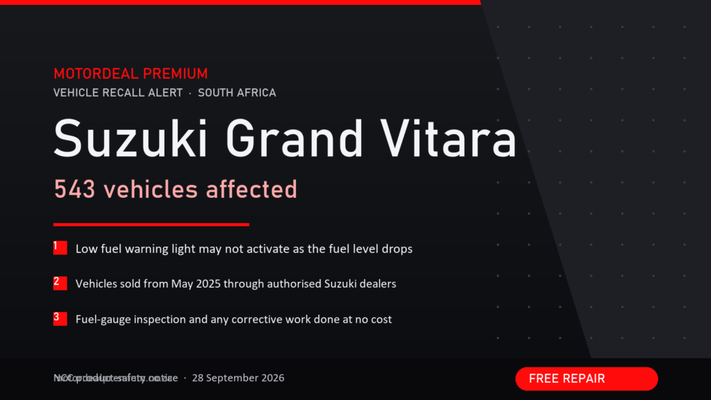 Suzuki Grand Vitara low fuel warning recall for 543 vehicles in South Africa, NCC notice 28 September 2026
