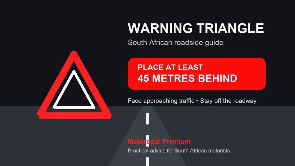 South African warning triangle guide showing placement at least 45 metres behind a stationary vehicle