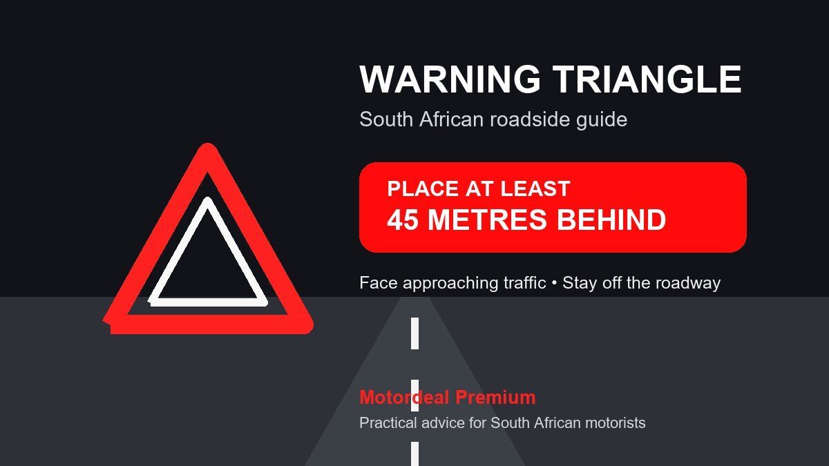 South African warning triangle guide showing placement at least 45 metres behind a stationary vehicle