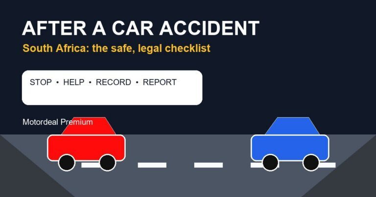 Illustrated South African car accident checklist showing two cars stopped safely apart